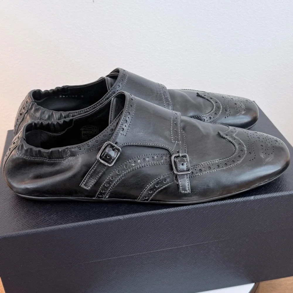 Prada 2EG469 Mens Leather Double Monk Strap Wingtip Shoes Grey Black UK 9